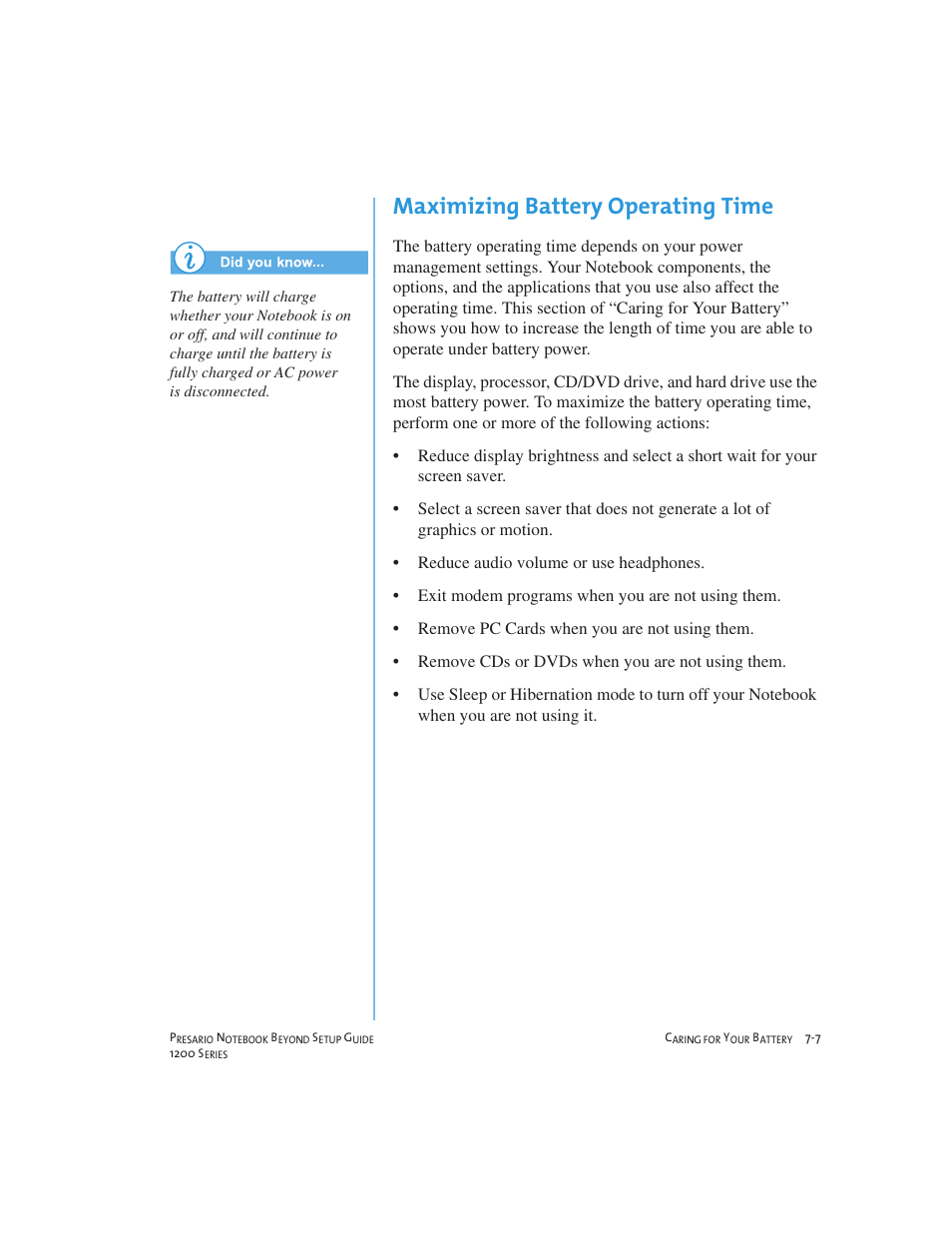 Maximizing battery operating time | Compaq 1200 User Manual | Page 85 / 158