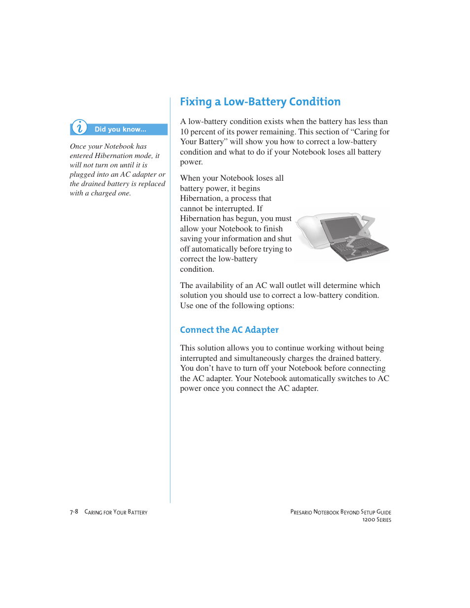 Fixing a low-battery condition, Connect the ac adapter | Compaq 1200 User Manual | Page 86 / 158