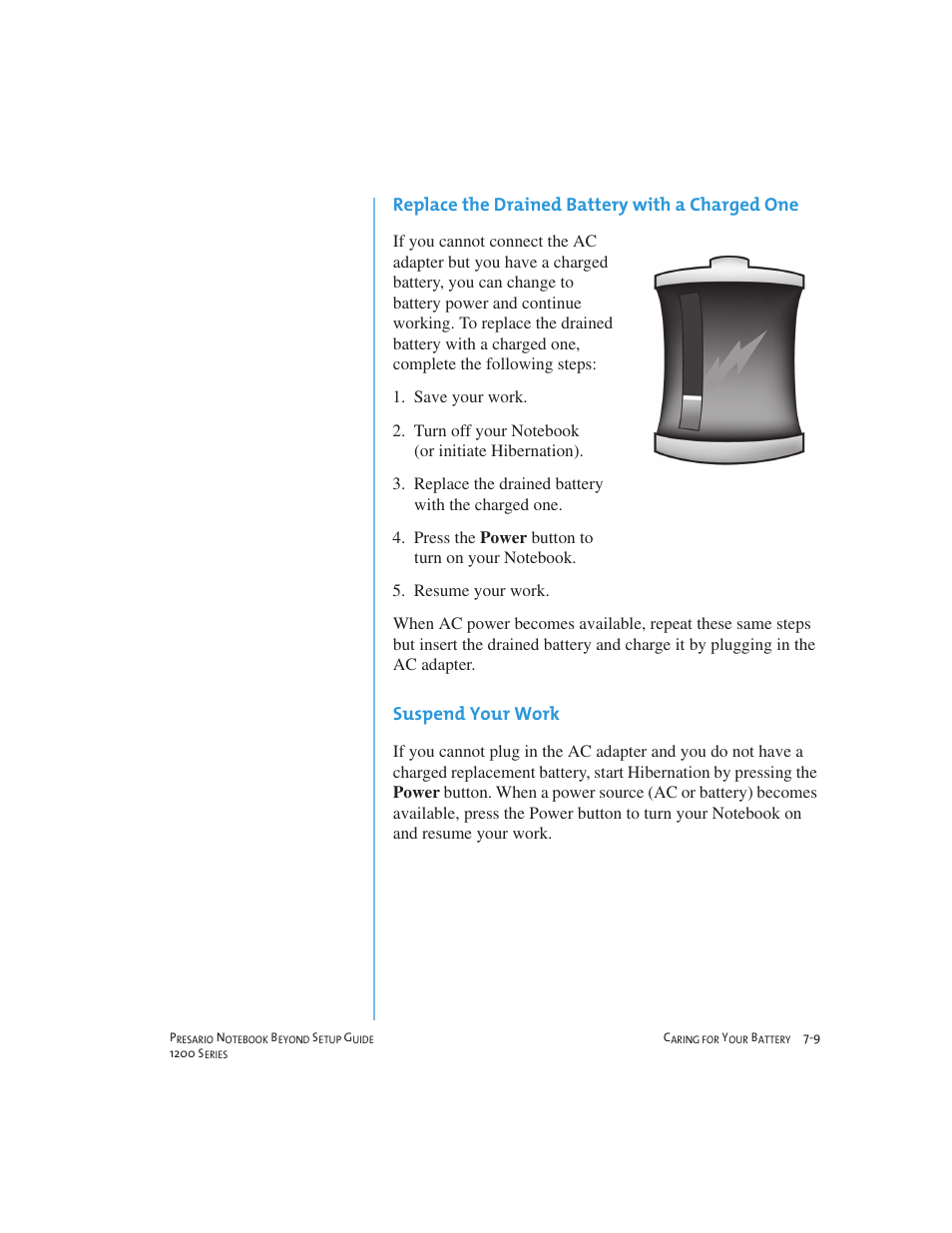 Replace the drained battery with a charged one, Suspend your work | Compaq 1200 User Manual | Page 87 / 158