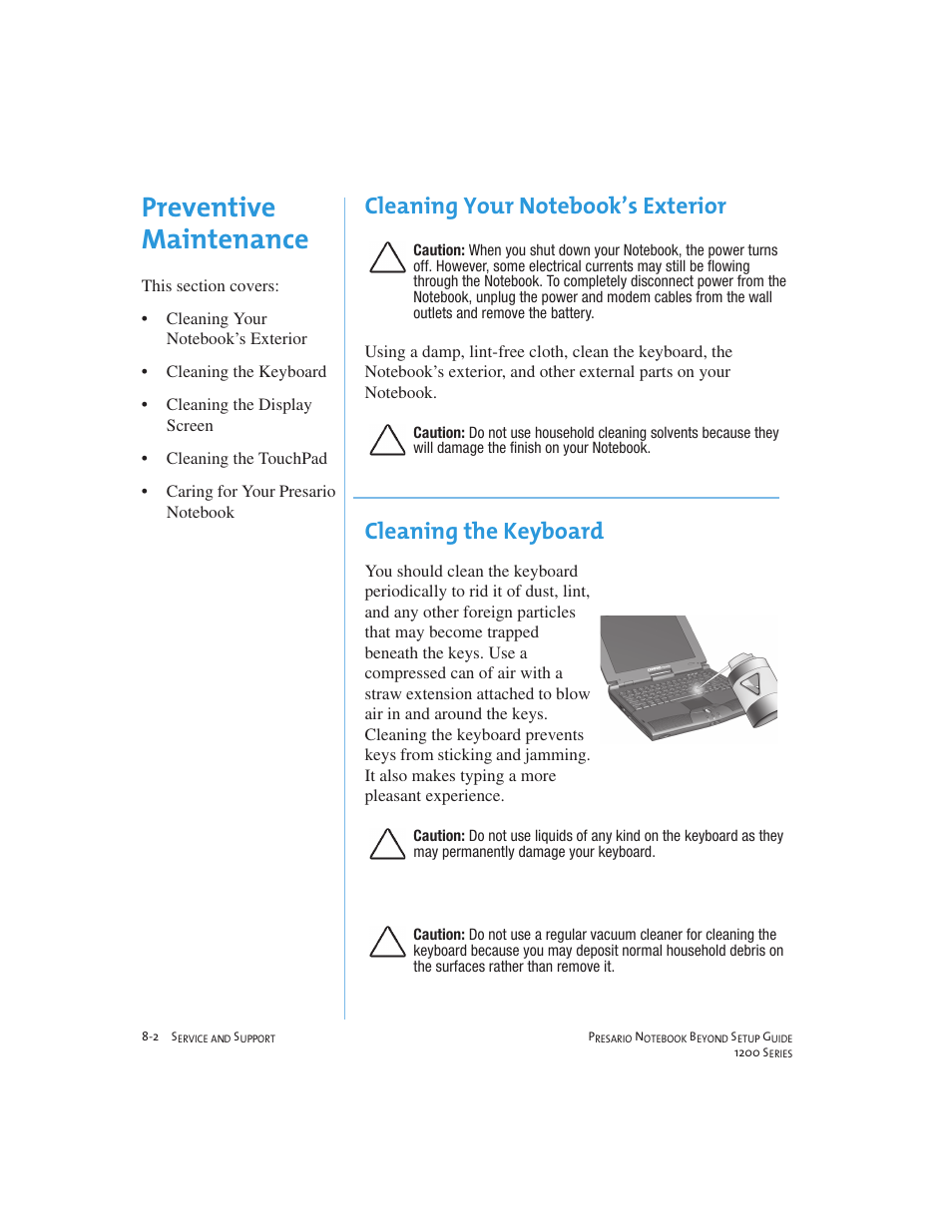 Preventive maintenance, Cleaning the keyboard | Compaq 1200 User Manual | Page 92 / 158