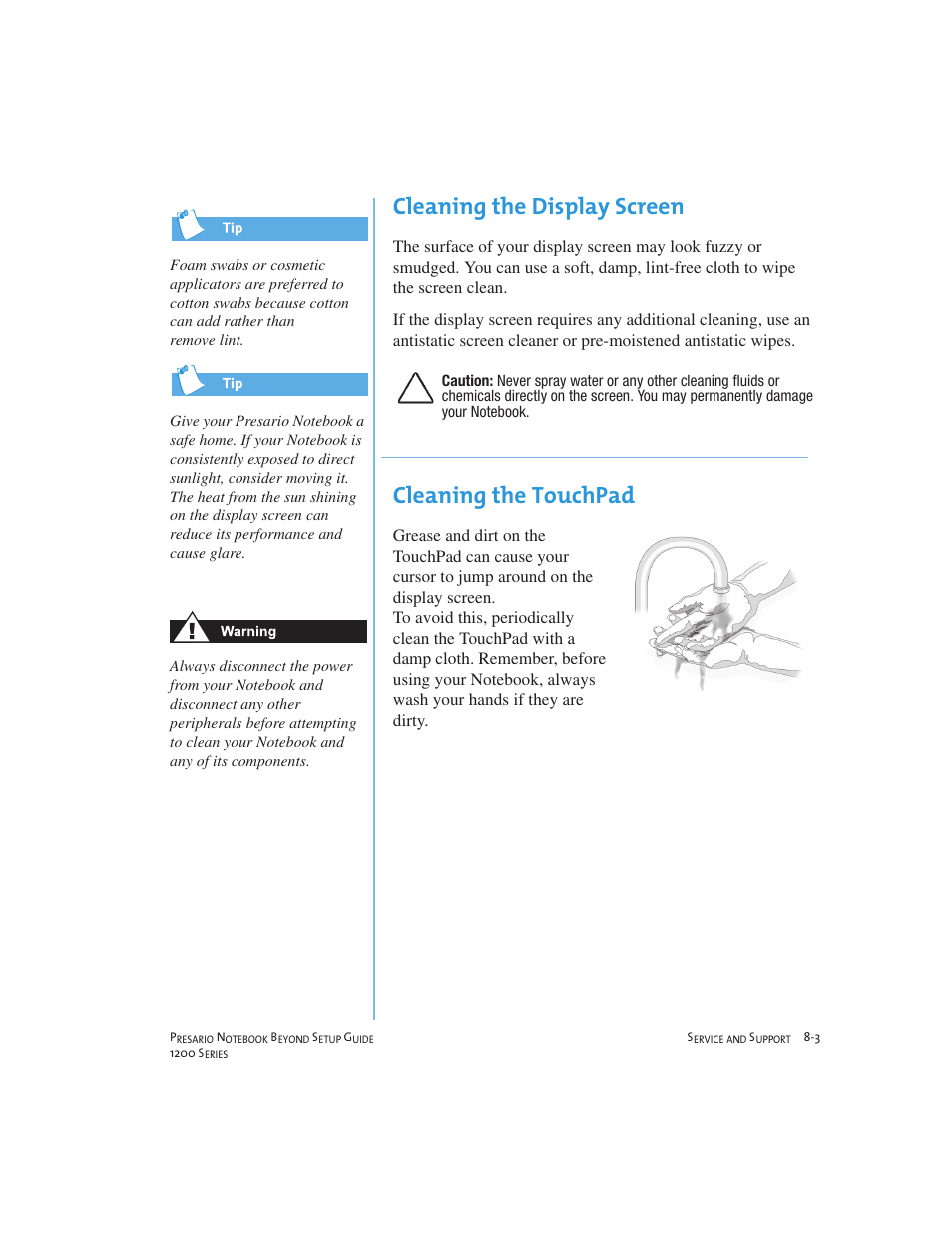 Cleaning the display screen, Cleaning the touchpad | Compaq 1200 User Manual | Page 93 / 158