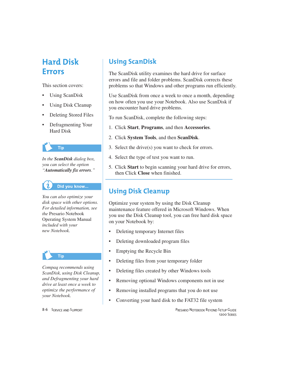 Hard disk errors, Using scandisk, Using disk cleanup | Compaq 1200 User Manual | Page 96 / 158