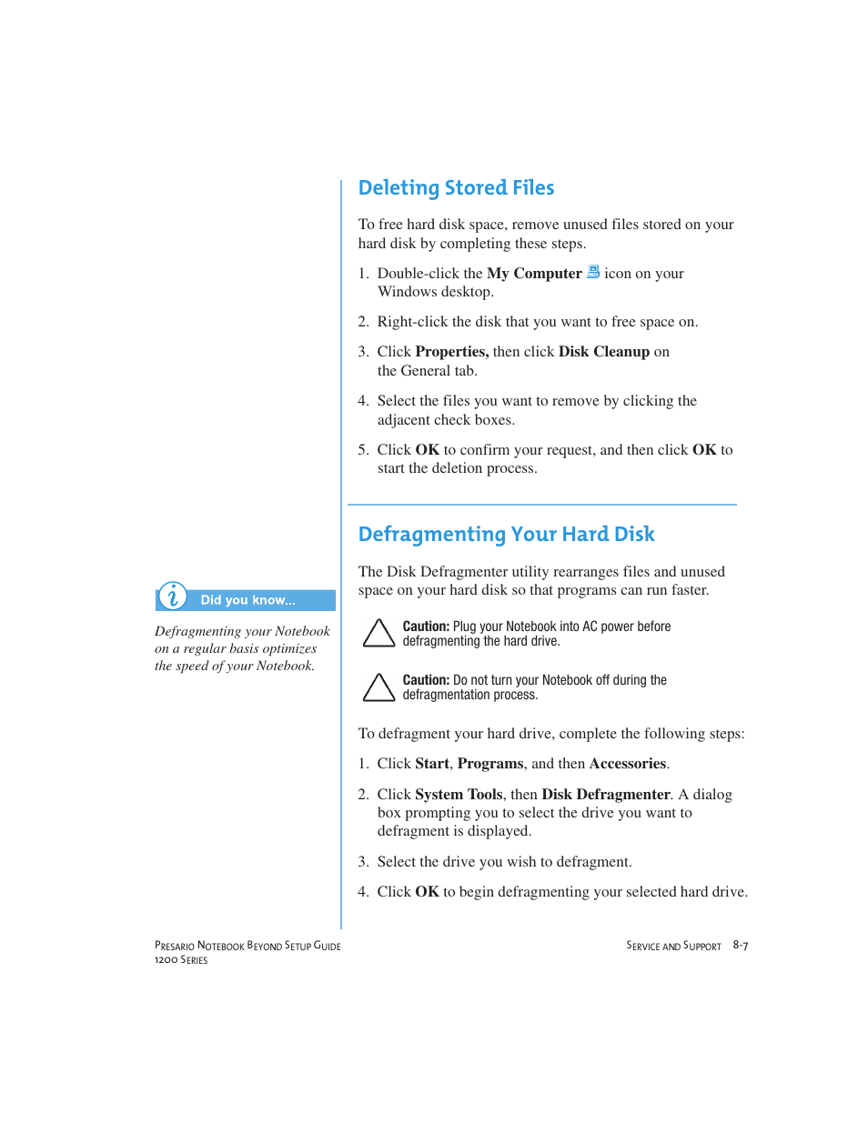 Deleting stored files, Defragmenting your hard disk | Compaq 1200 User Manual | Page 97 / 158