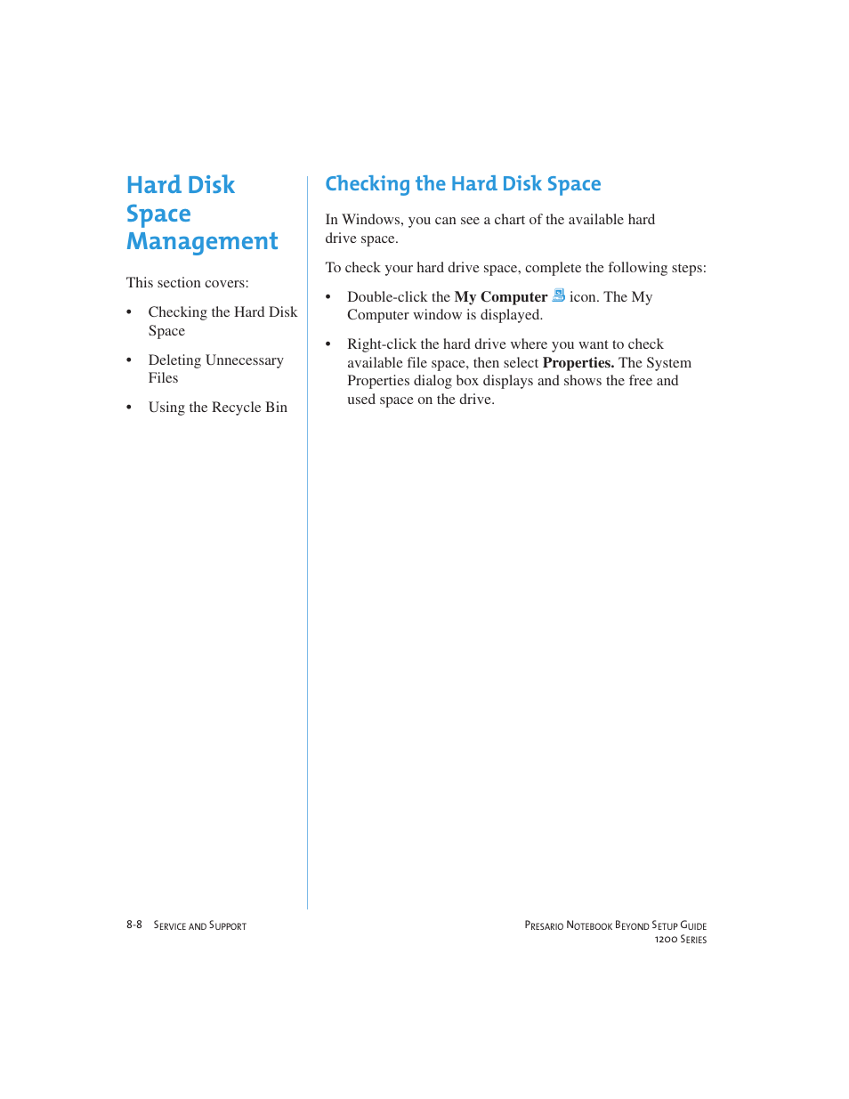 Hard disk space management, Checking the hard disk space | Compaq 1200 User Manual | Page 98 / 158