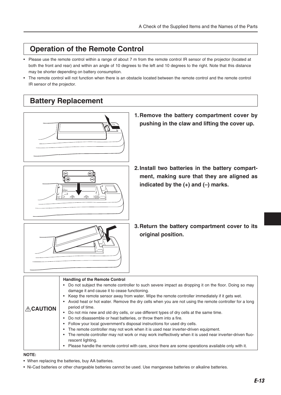 Battery replacement, Operation of the remote control | Compaq iP-60E User Manual | Page 14 / 50