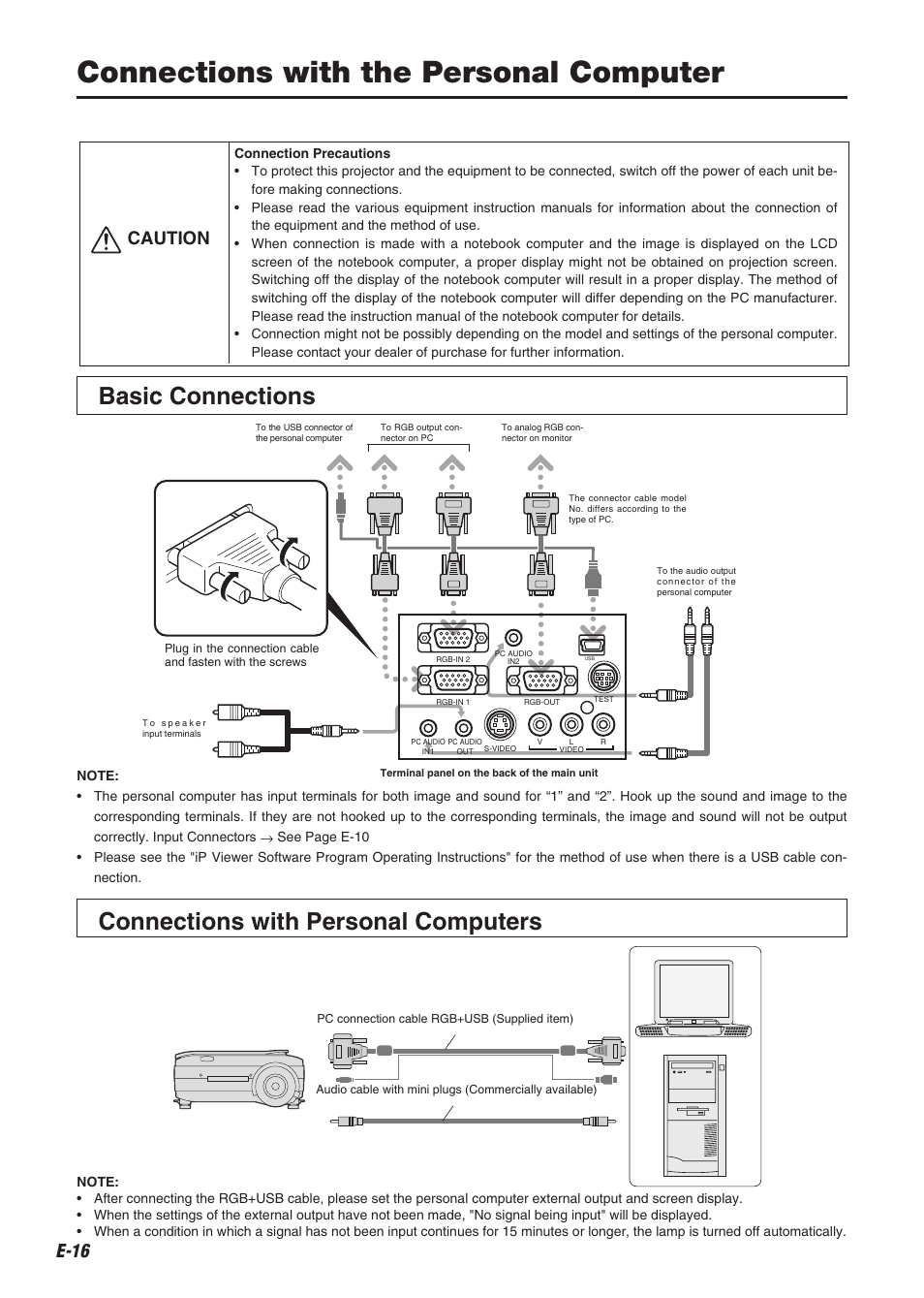 Connections with the personal computer, Connections with personal computers, Basic connections | Caution | Compaq iP-60E User Manual | Page 17 / 50