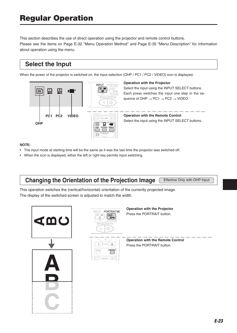 A b c, Regular operation, Select the input | Changing the orientation of the projection image | Compaq iP-60E User Manual | Page 24 / 50