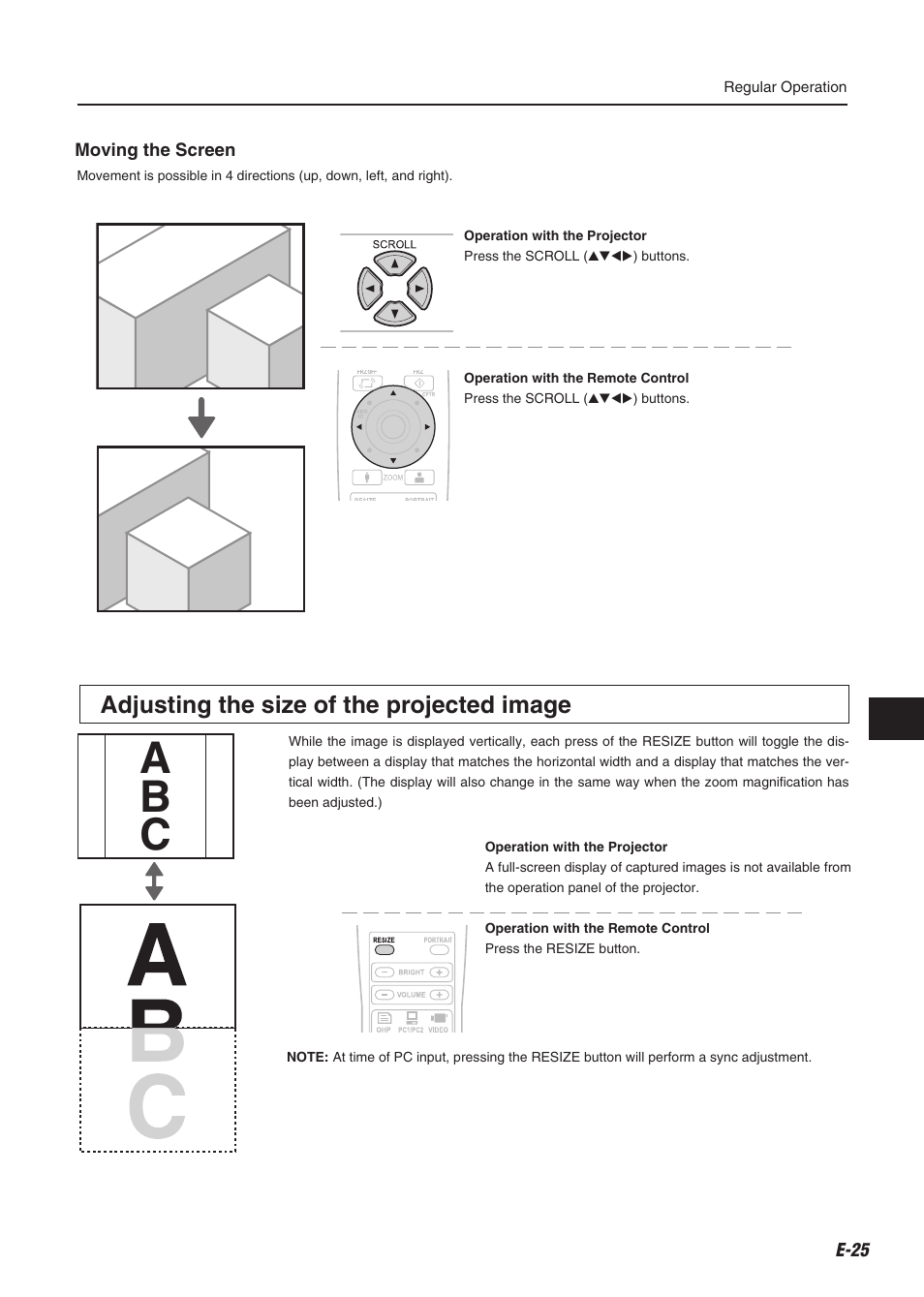 Ab c, Adjusting the size of the projected image | Compaq iP-60E User Manual | Page 26 / 50