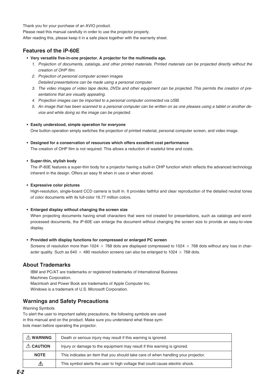 Features of the ip-60e, About trademarks, Warnings and safety precautions | Compaq iP-60E User Manual | Page 3 / 50