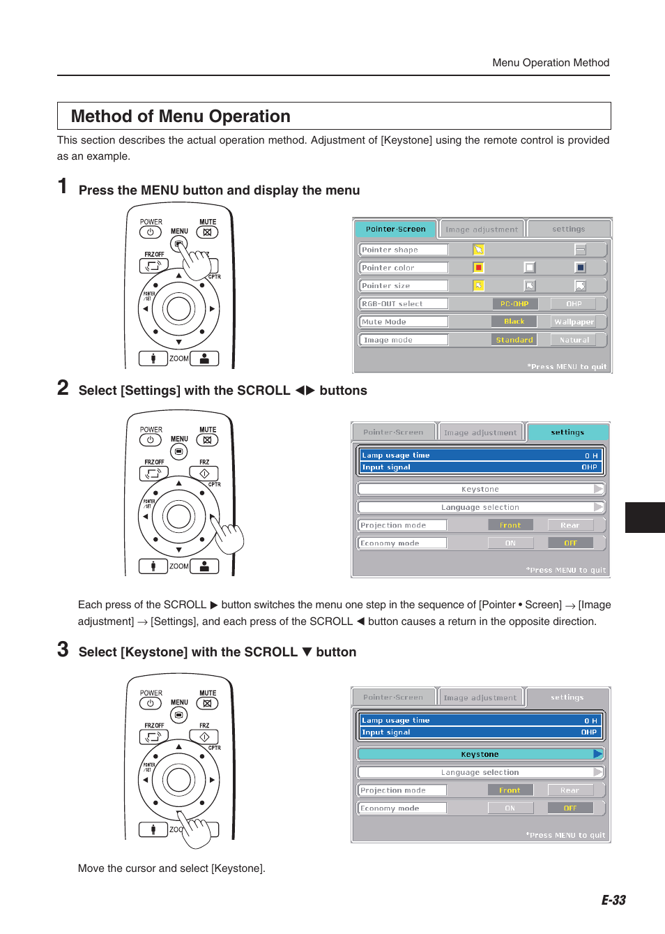 Method of menu operation | Compaq iP-60E User Manual | Page 34 / 50