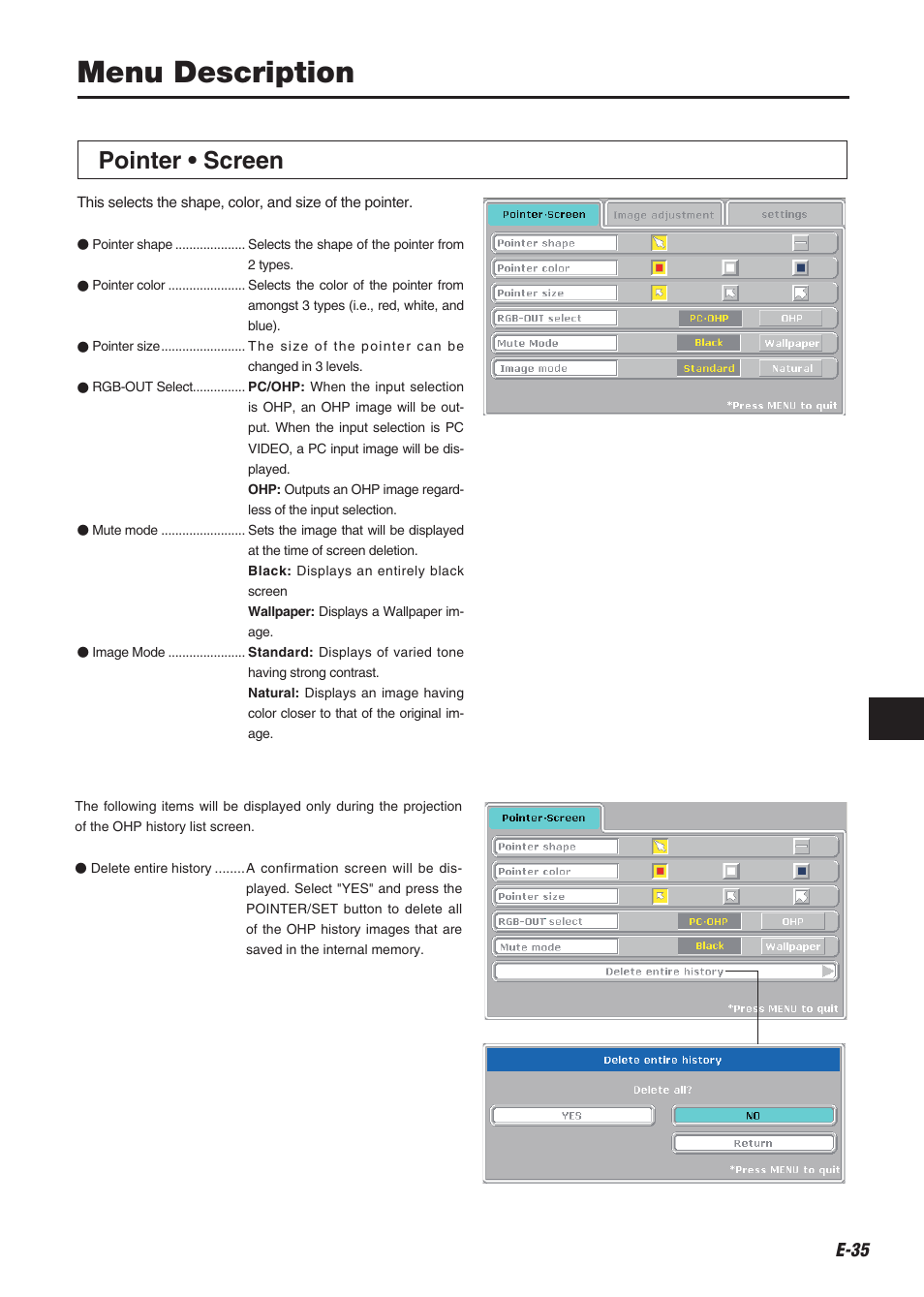 Menu description, Pointer • screen | Compaq iP-60E User Manual | Page 36 / 50