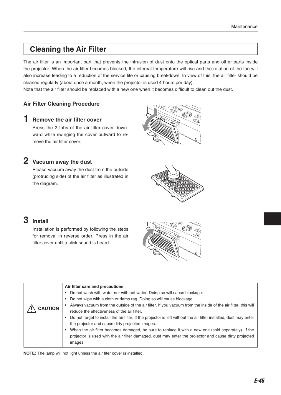 Cleaning the air filter | Compaq iP-60E User Manual | Page 46 / 50