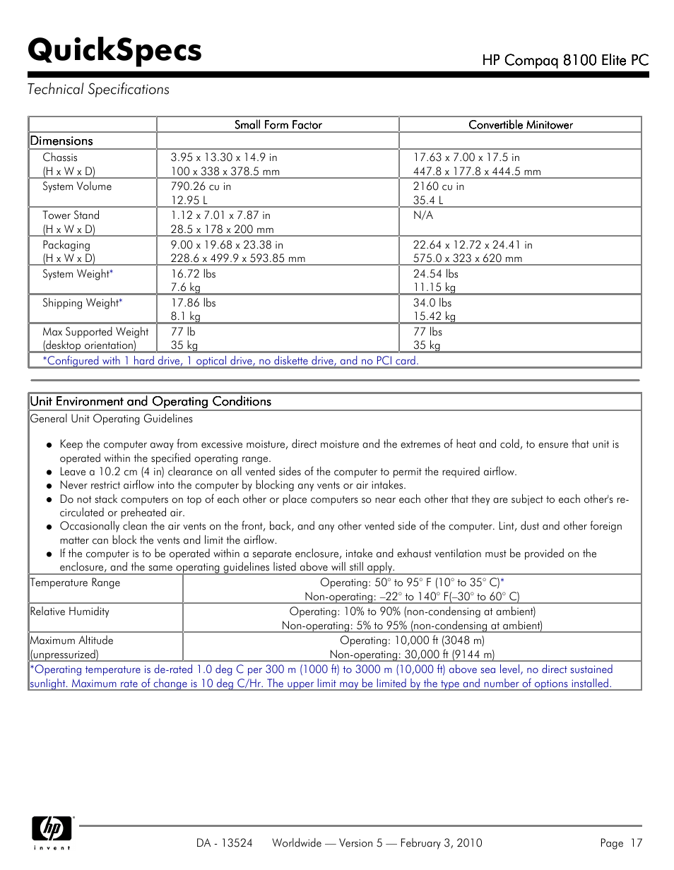 Technical specifications, Quickspecs | Compaq 8100 User Manual | Page 17 / 58