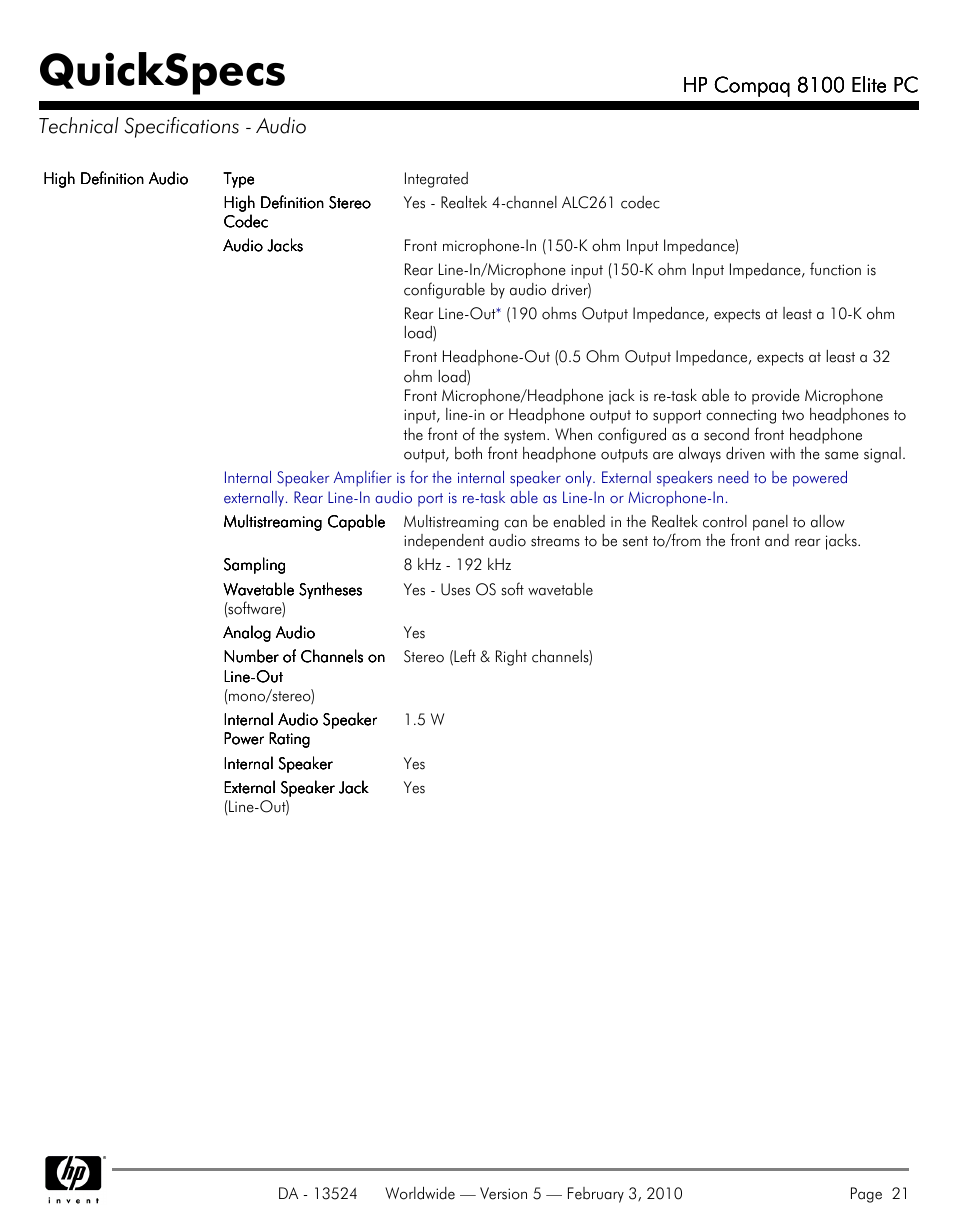 Technical specifications - audio, Quickspecs | Compaq 8100 User Manual | Page 21 / 58