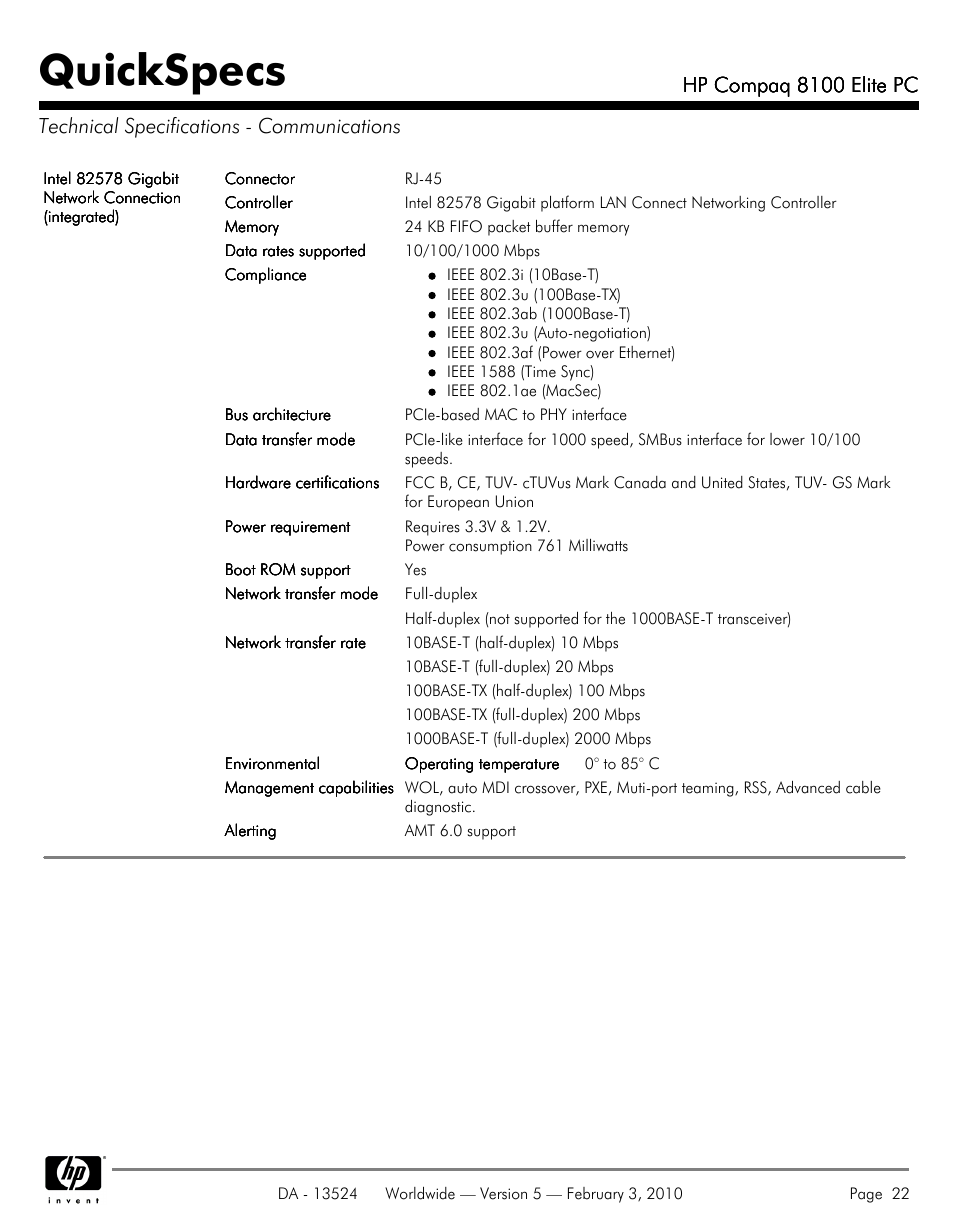 Technical specifications - communications, Quickspecs, Hp compaq 8100 elite pc | Compaq 8100 User Manual | Page 22 / 58