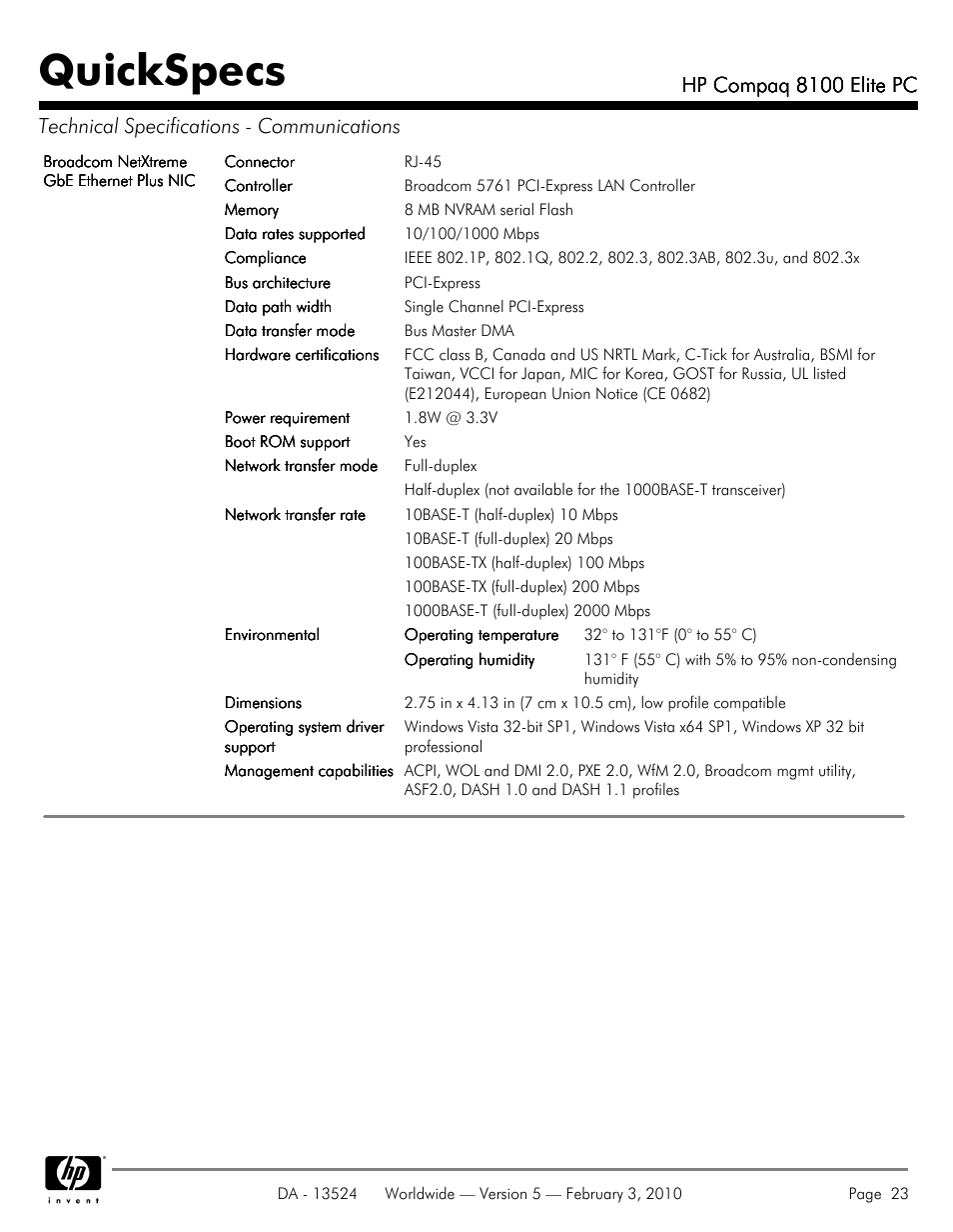 Quickspecs, Hp compaq 8100 elite pc | Compaq 8100 User Manual | Page 23 / 58