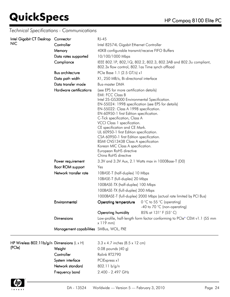 Quickspecs, Hp compaq 8100 elite pc | Compaq 8100 User Manual | Page 24 / 58