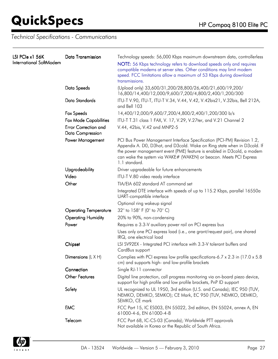 Quickspecs, Hp compaq 8100 elite pc | Compaq 8100 User Manual | Page 27 / 58