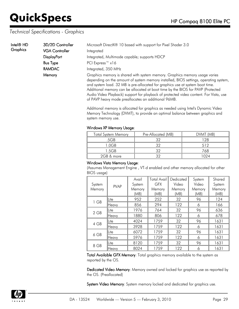 Technical specifications - graphics, Quickspecs, Hp compaq 8100 elite pc | Compaq 8100 User Manual | Page 29 / 58