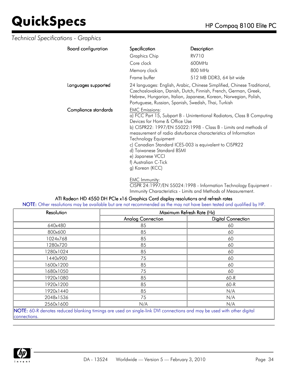 Quickspecs, Hp compaq 8100 elite pc | Compaq 8100 User Manual | Page 34 / 58