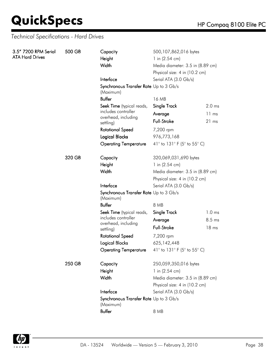 Technical specifications - hard drives, Quickspecs, Hp compaq 8100 elite pc | Compaq 8100 User Manual | Page 38 / 58