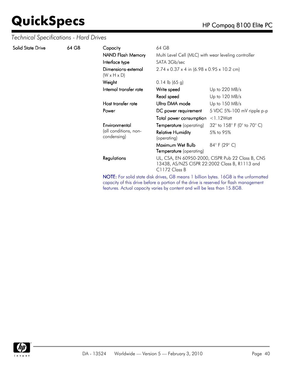 Quickspecs, Hp compaq 8100 elite pc | Compaq 8100 User Manual | Page 40 / 58