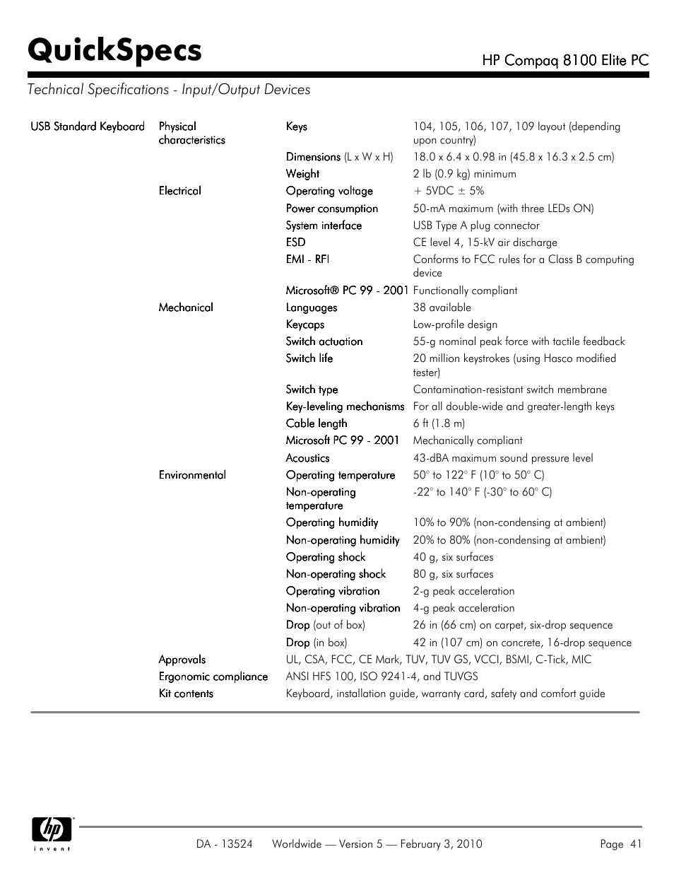 Technical specifications - input/output devices, Quickspecs, Hp compaq 8100 elite pc | Compaq 8100 User Manual | Page 41 / 58