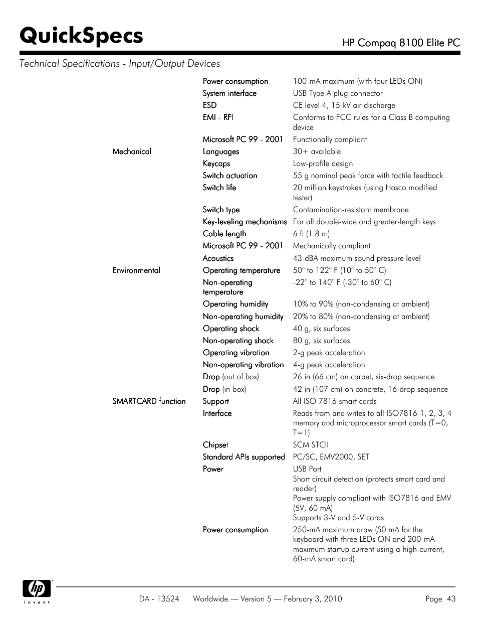 Quickspecs, Hp compaq 8100 elite pc | Compaq 8100 User Manual | Page 43 / 58