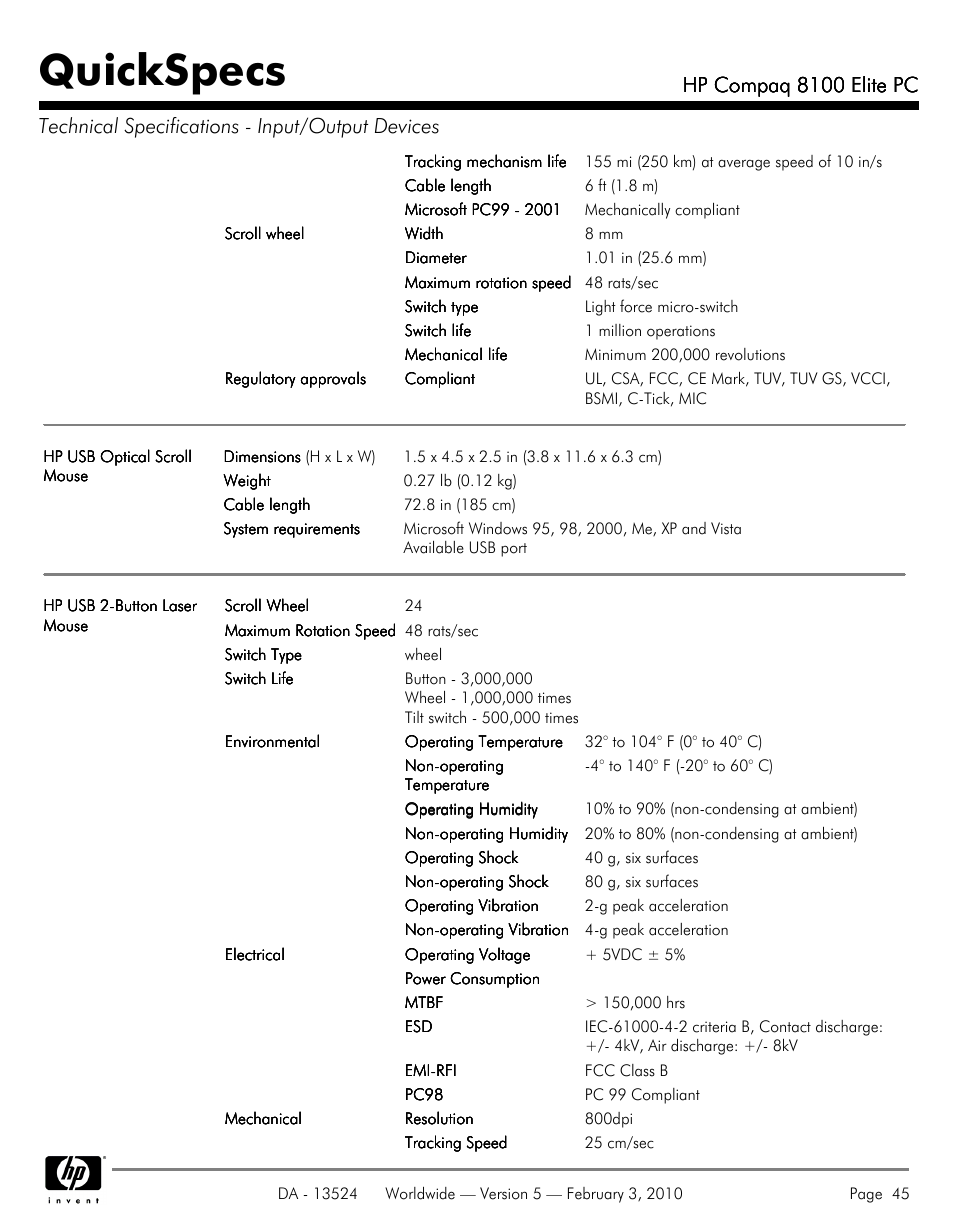 Quickspecs, Hp compaq 8100 elite pc | Compaq 8100 User Manual | Page 45 / 58