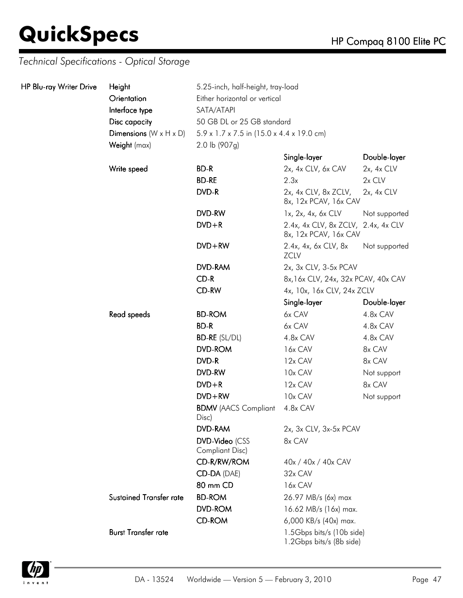 Technical specifications - optical storage, Quickspecs, Hp compaq 8100 elite pc | Compaq 8100 User Manual | Page 47 / 58