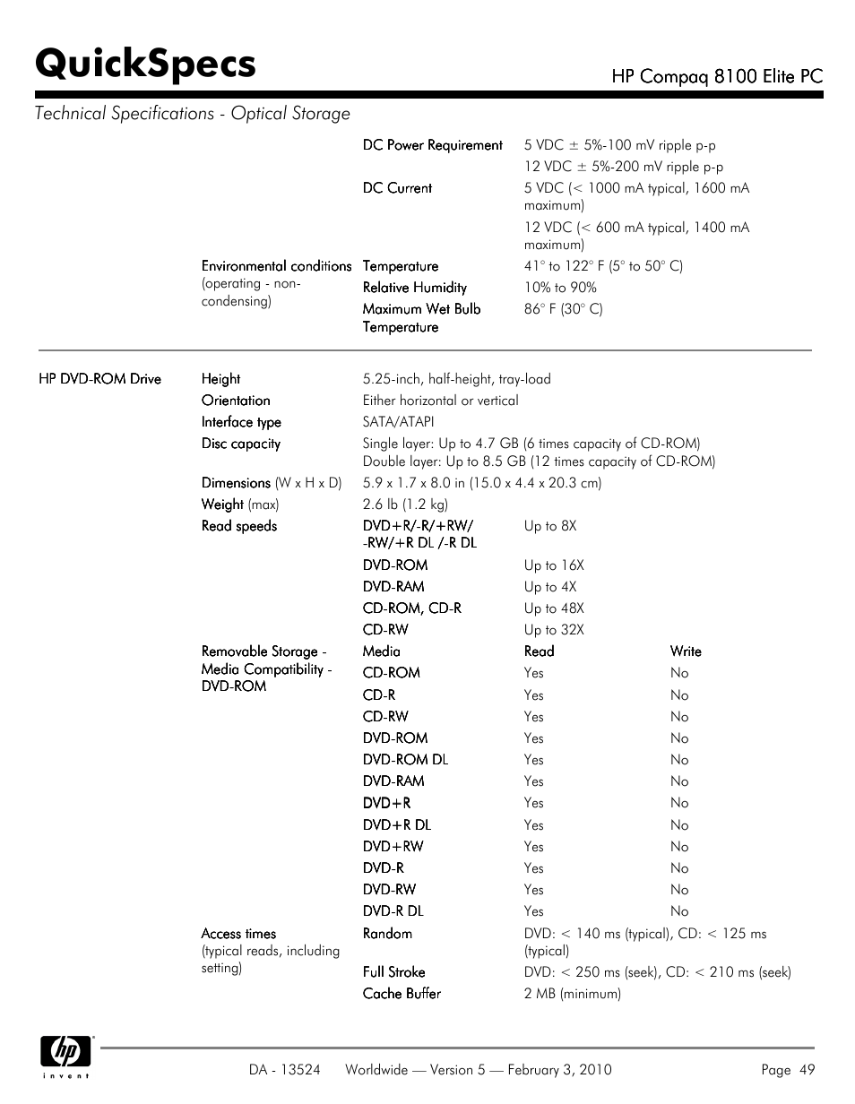 Quickspecs, Hp compaq 8100 elite pc | Compaq 8100 User Manual | Page 49 / 58