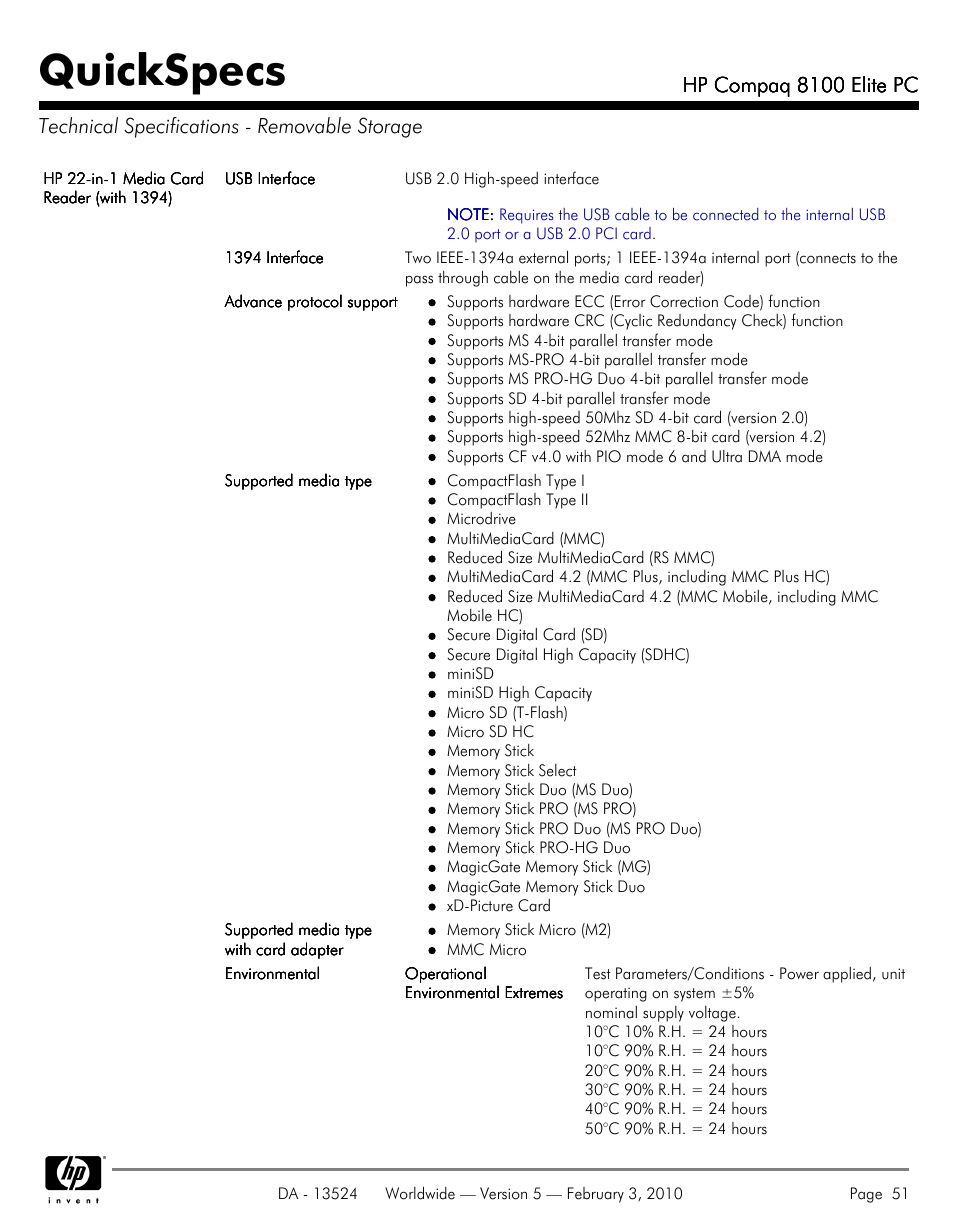 Technical specifications - removable storage, Quickspecs | Compaq 8100 User Manual | Page 51 / 58