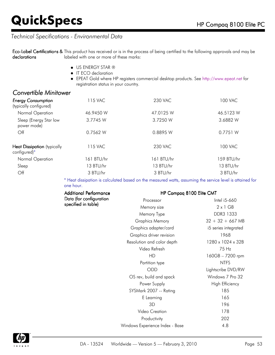 Technical specifications - environmental data, Quickspecs, Convertible minitower | Compaq 8100 User Manual | Page 53 / 58