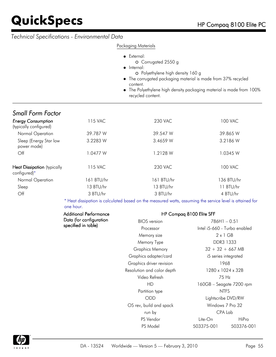 Quickspecs, Small form factor | Compaq 8100 User Manual | Page 55 / 58