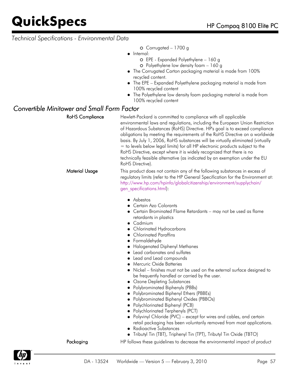 Quickspecs, Convertible minitower and small form factor | Compaq 8100 User Manual | Page 57 / 58