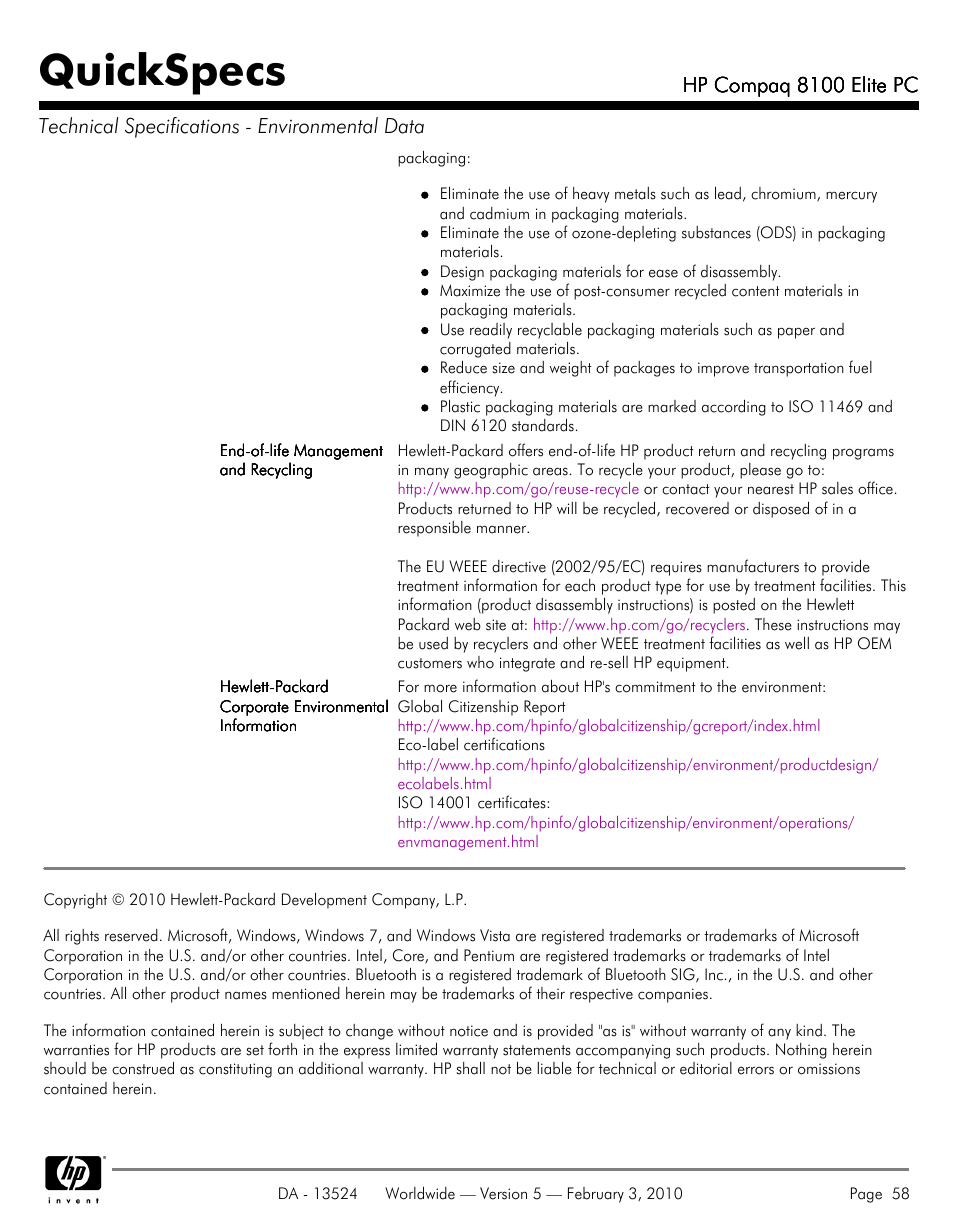 Quickspecs | Compaq 8100 User Manual | Page 58 / 58