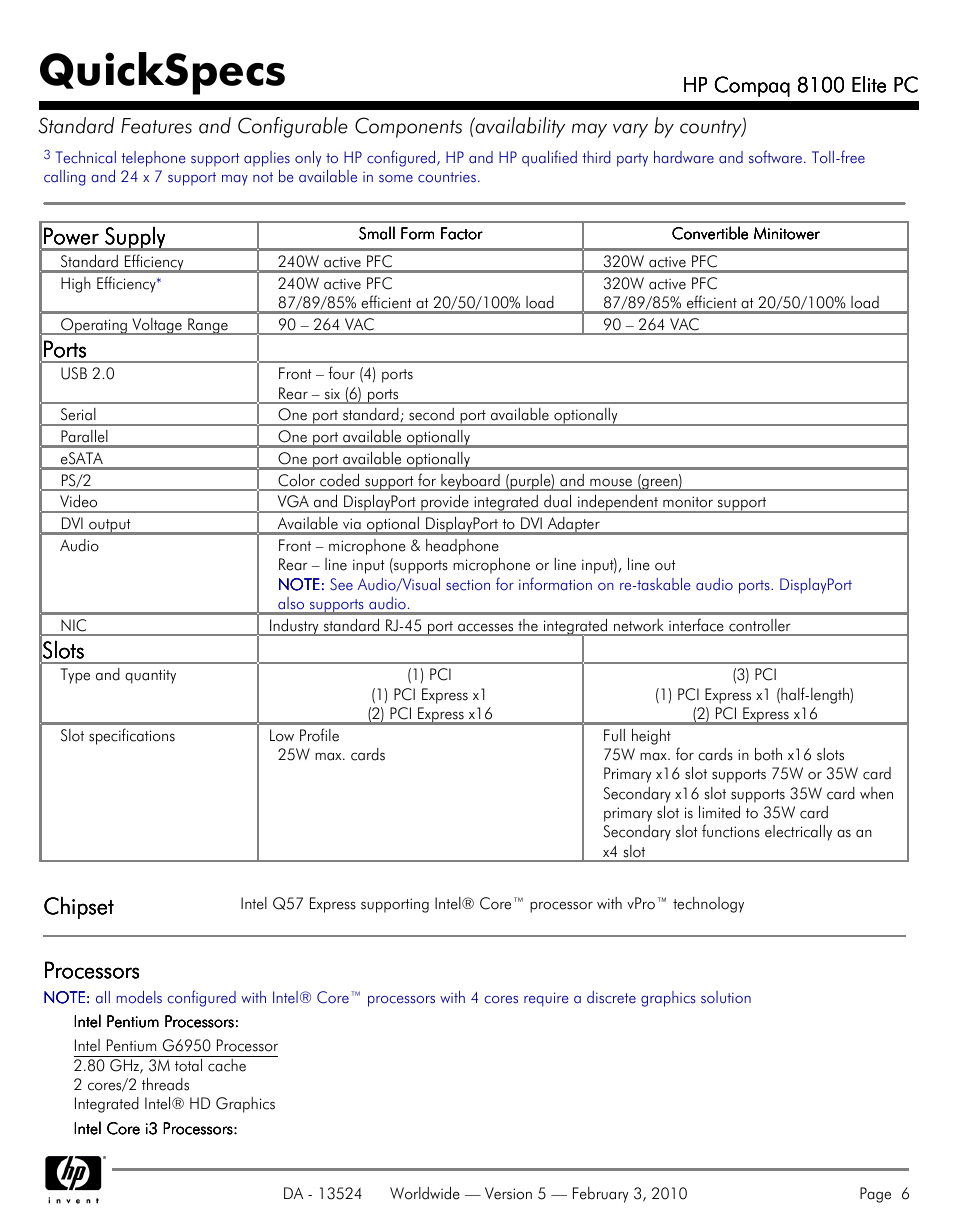 Quickspecs, Power supply, Ports | Slots, Chipset, Processors | Compaq 8100 User Manual | Page 6 / 58