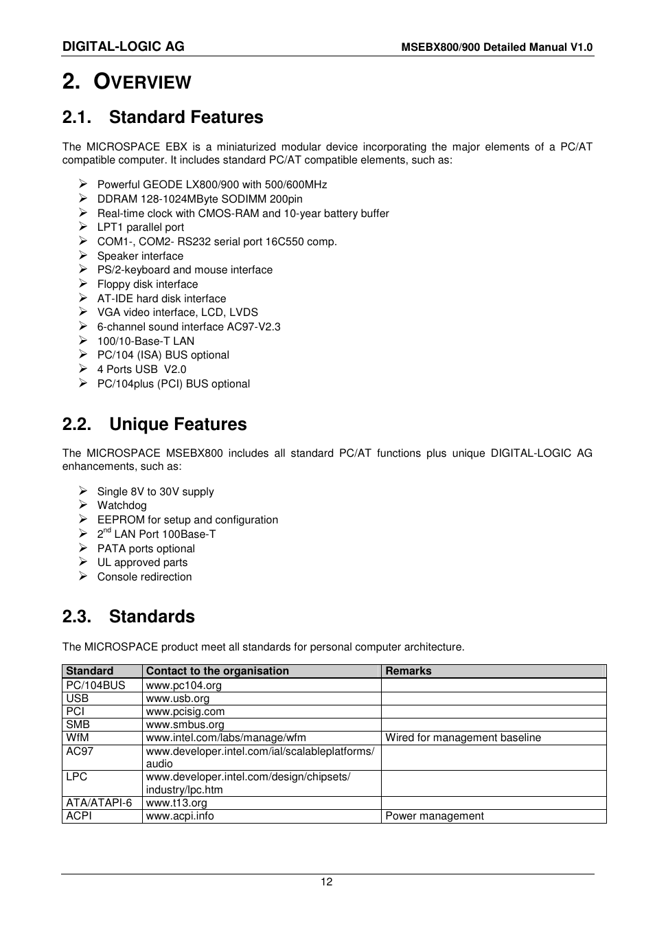 2 overview, 1 standard features, 2 unique features | 3 standards, Verview, Standard features, Unique features, Standards | Compaq MICROSPACE MSEBX900 User Manual | Page 12 / 53