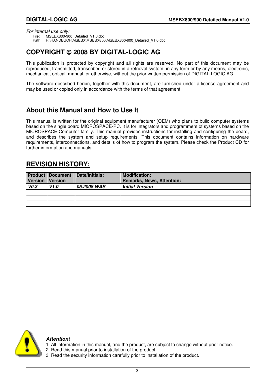 Copyright     2008 by digital-logic ag, About this manual and how to use it, Revision history | Compaq MICROSPACE MSEBX900 User Manual | Page 2 / 53