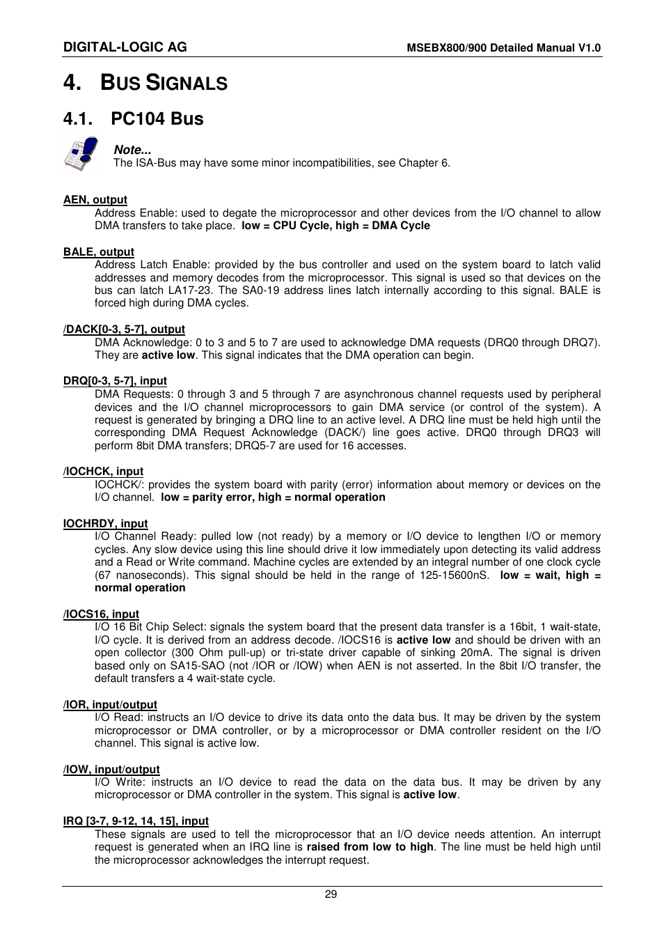 4 bus signals, 1 pc104 bus, Ignals | Pc104 bus | Compaq MICROSPACE MSEBX900 User Manual | Page 29 / 53