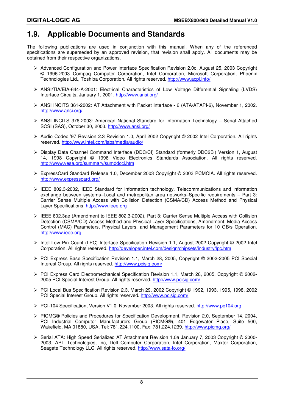 9 applicable documents and standards, Applicable documents and standards, Digital-logic ag | Compaq MICROSPACE MSEBX900 User Manual | Page 8 / 53