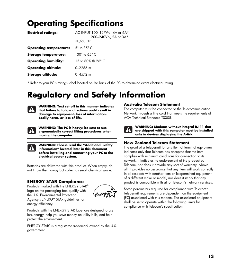 Operating specifications, Regulatory and safety information, Energy star compliance | Compaq SR1677CF User Manual | Page 13 / 16