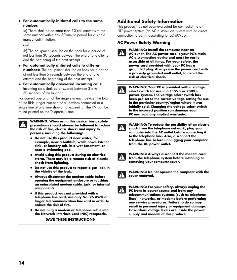 Additional safety information | Compaq SR1677CF User Manual | Page 14 / 16