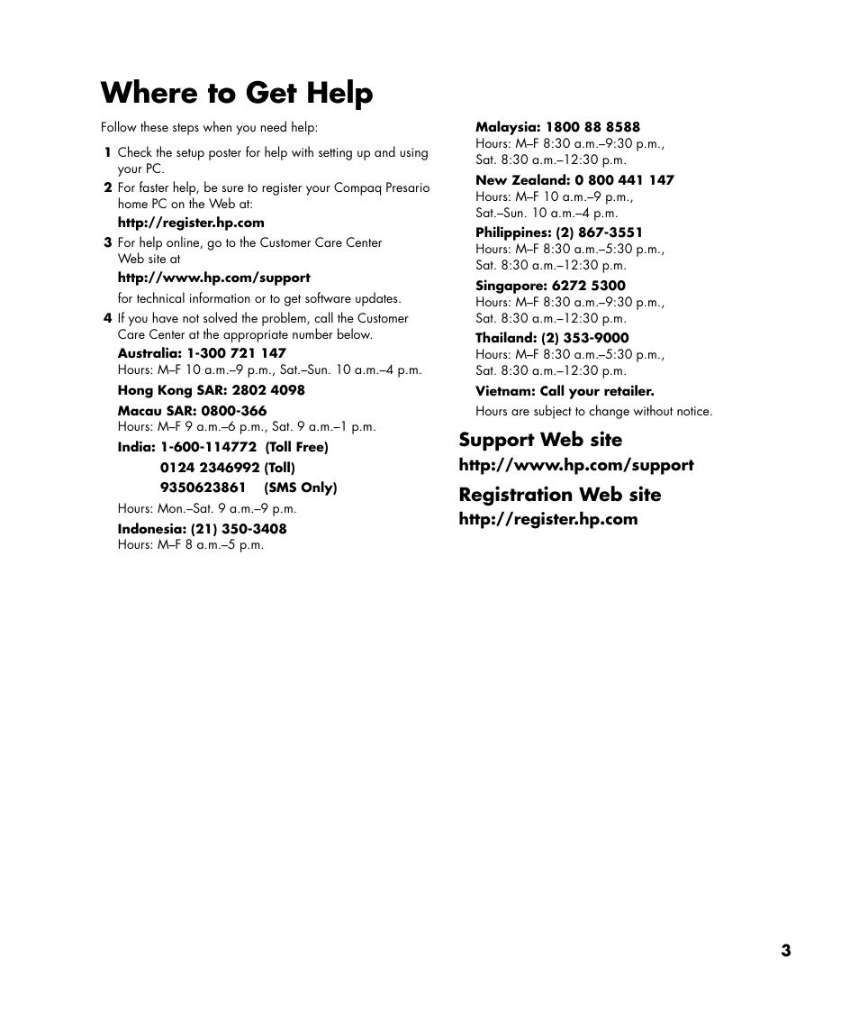 Where to get help, Support web site, Registration web site | Compaq SR1677CF User Manual | Page 3 / 16