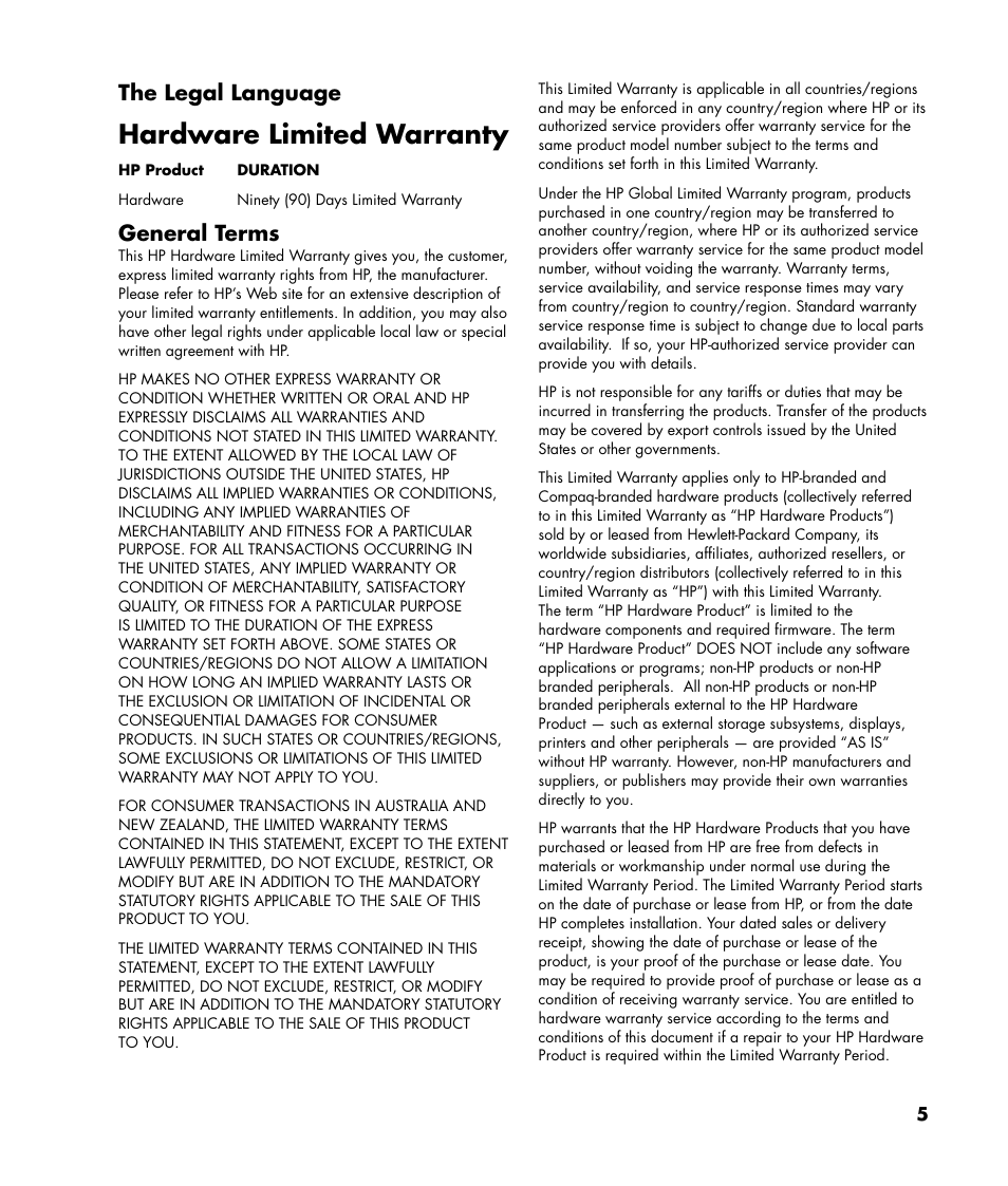 Hardware limited warranty, The legal language, General terms | Compaq SR1677CF User Manual | Page 5 / 16