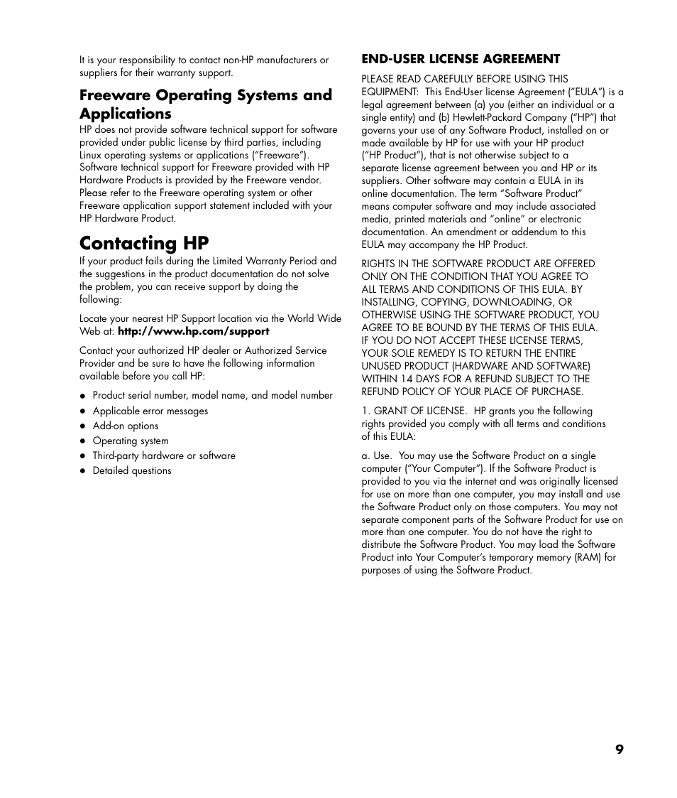 Contacting hp, Freeware operating systems and applications | Compaq SR1677CF User Manual | Page 9 / 16