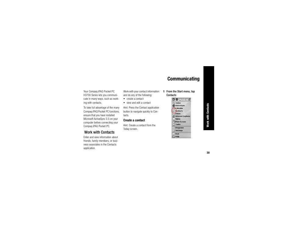 Communicating, Work with contacts | Compaq IPAQ H3700 User Manual | Page 34 / 56