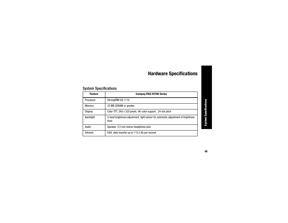 Hardware specifications, System specifications | Compaq IPAQ H3700 User Manual | Page 52 / 56