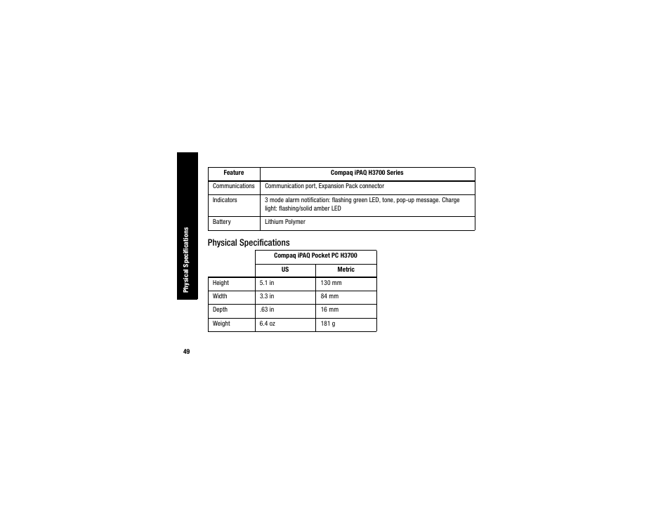 Physical specifications | Compaq IPAQ H3700 User Manual | Page 53 / 56