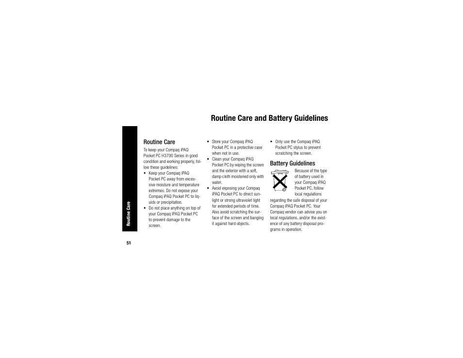 Routine care and battery guidelines | Compaq IPAQ H3700 User Manual | Page 55 / 56